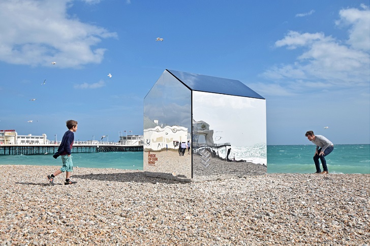 Mirror beach hut installed on beach, Worthing, Britain - Jul 2015