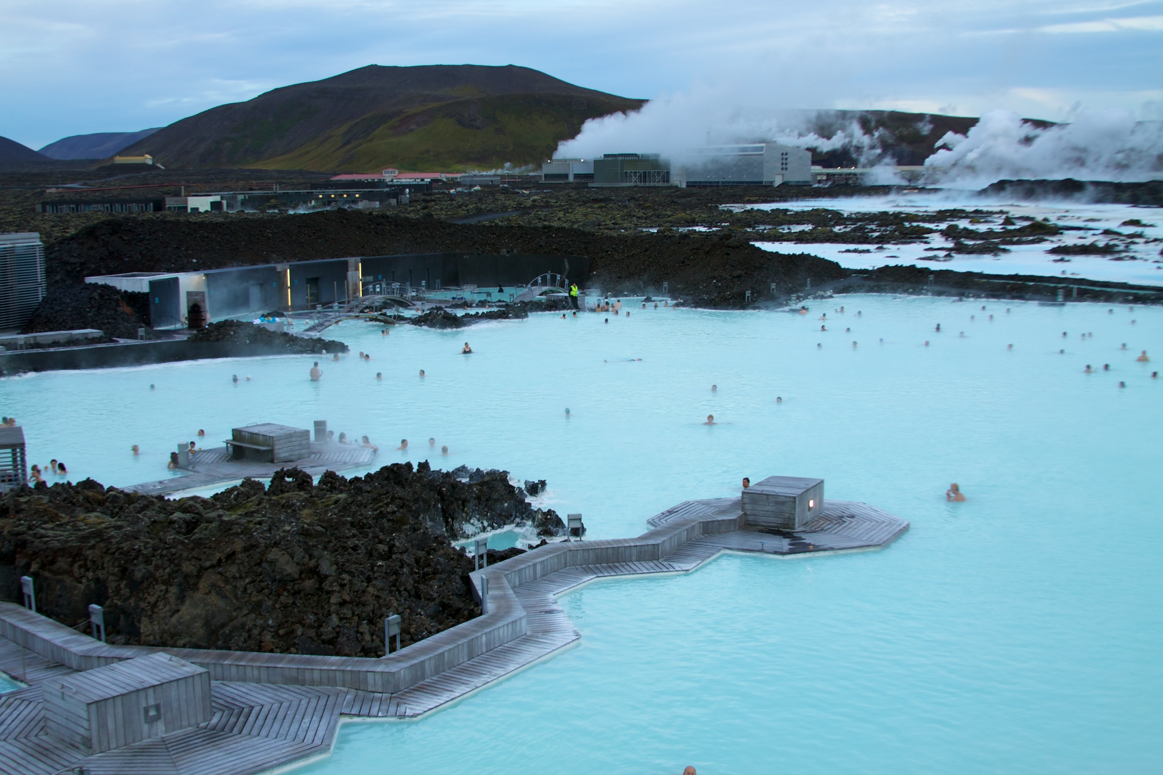 The lovely thermal waters of Iceland's understandably famous Blue Lagoon. The geothermal power plant visible in the back supplies much of the power to Reykjavik, and of course the hot, rejuvinating waters of the Blue Lagoon itself.