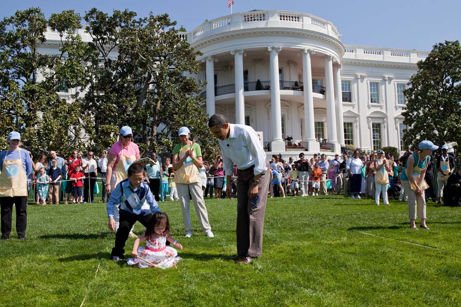 President Barack Obama cheers on kids taking part in the Easter Egg Roll on the South Lawn of the White House, April 25, 2011. (Official White House Photo by Pete Souza)